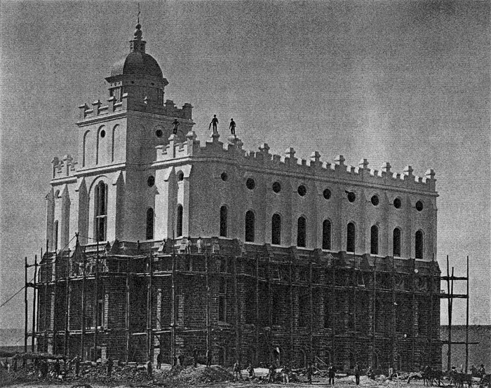 Fig. 8. St. George Temple, c. 1875, with plastering half
				completed.